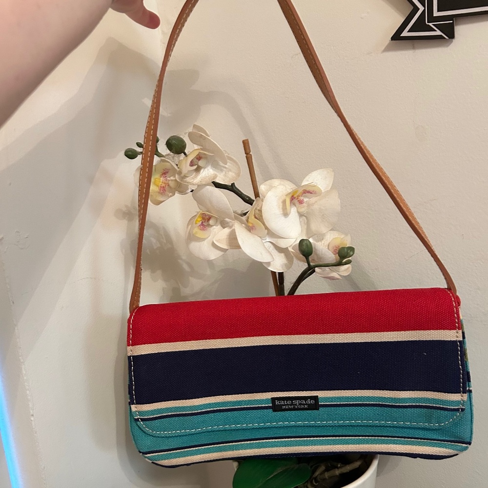 Kate spade Vintage Blue and Red Striped Canvas Shoulder Bag With Tan Strap